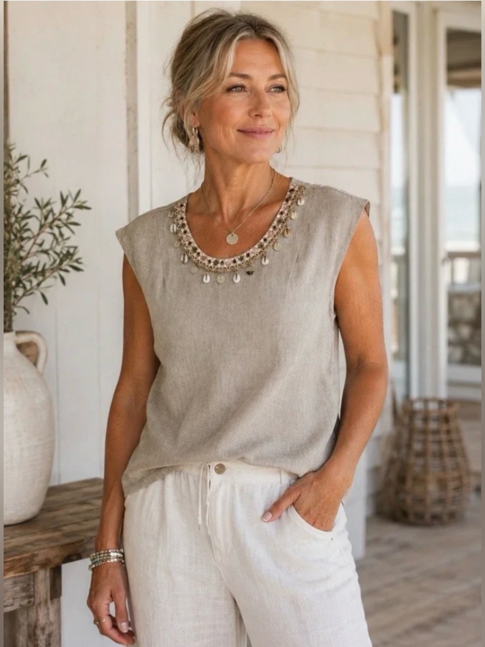 🆕 Lintico | 100% Linen Top with Shell Beaded Neckline